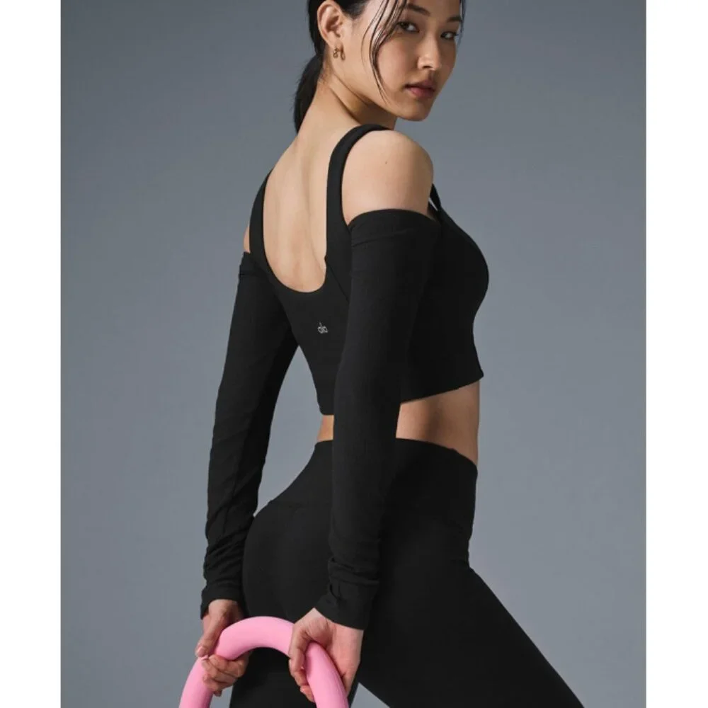 Alo Ribbed Cropped Butterfly Long Sleeve Black Open Cold Shoulder Cut-Out Cutout